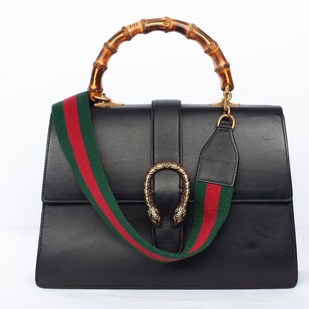 Gucci Black Leather Top-Handle Crossbody Bag with Green & Red Strap